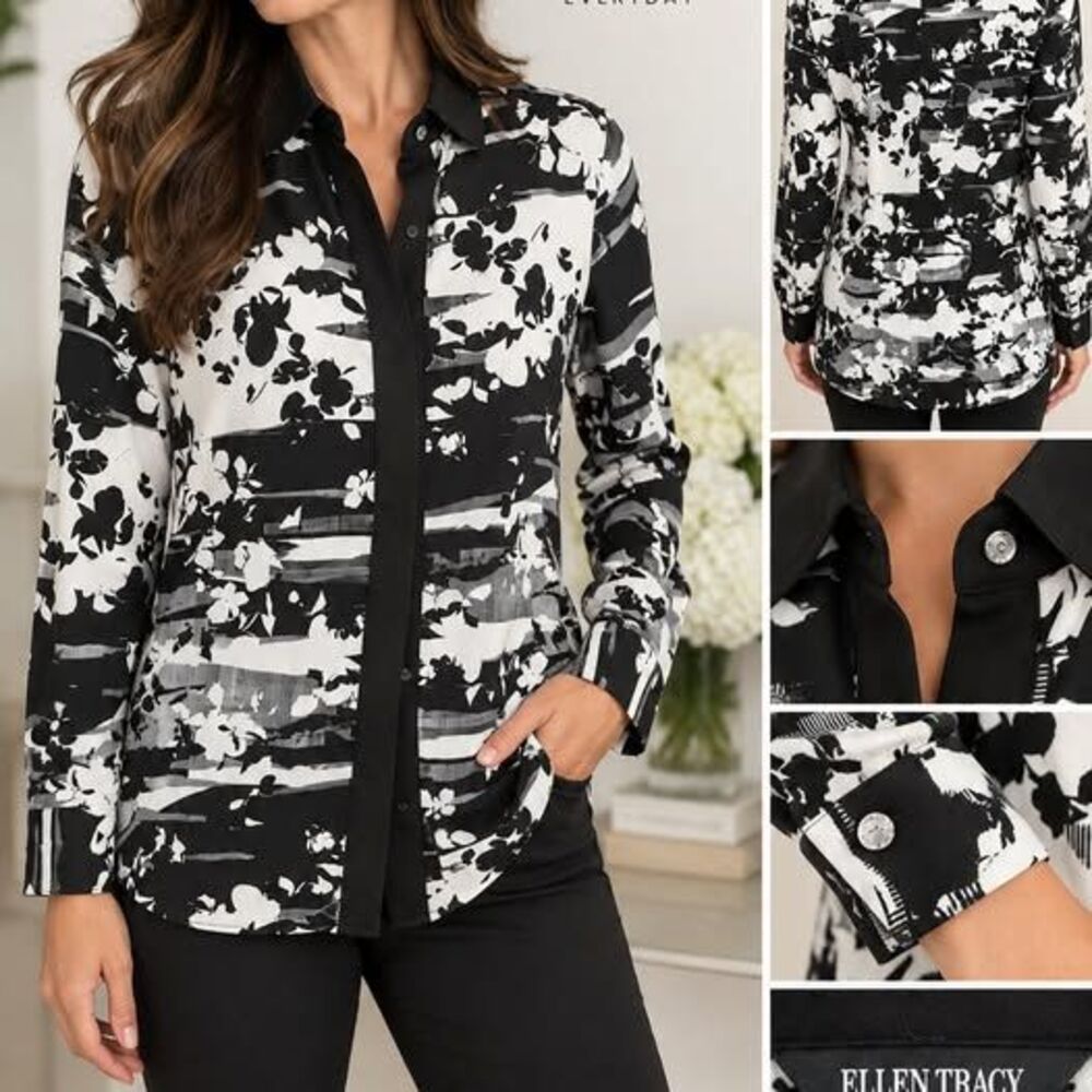 Ellen Tracy Women’s XS Black White Floral Abstract Button Front Blouse